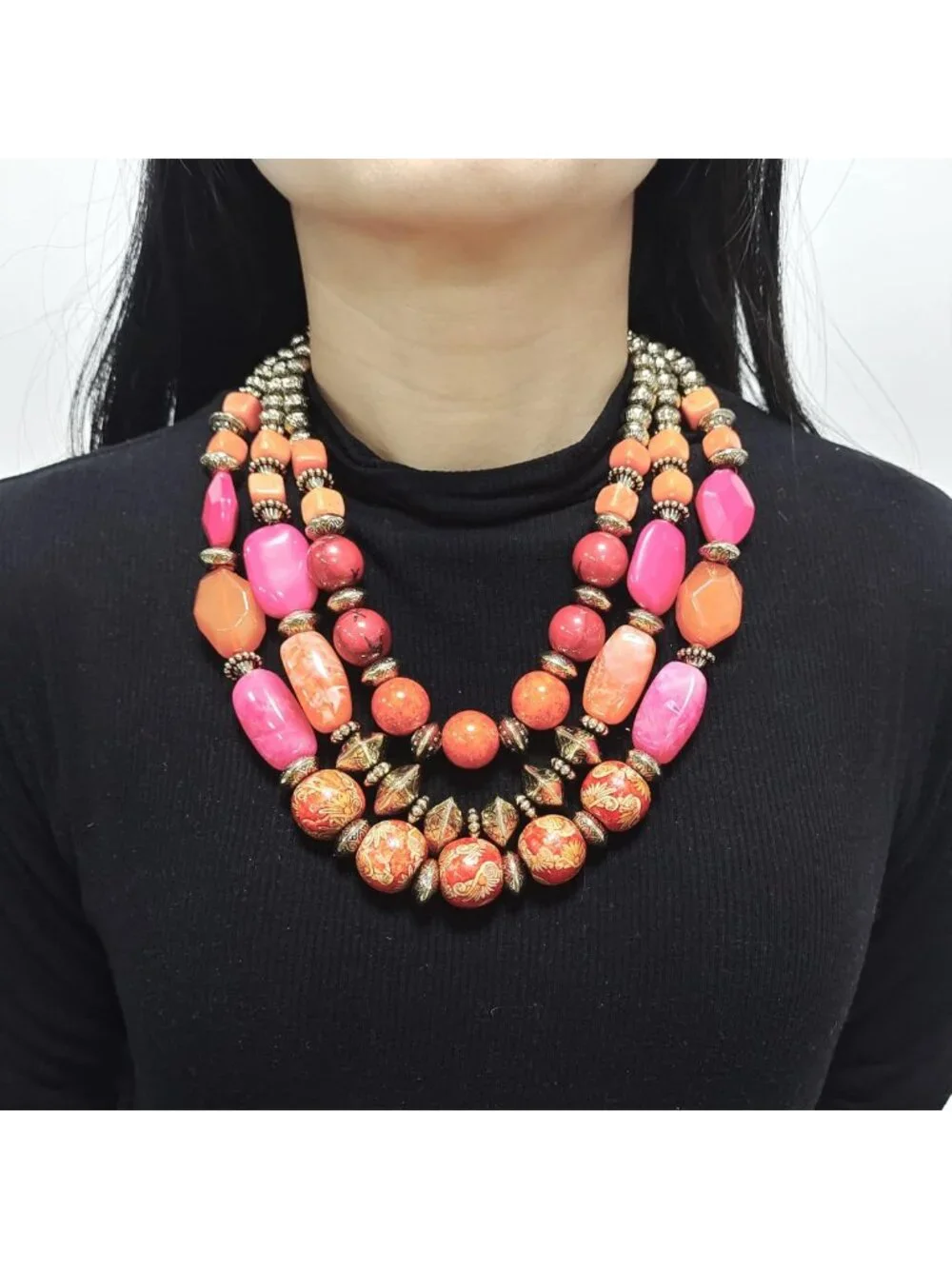 3 Layer Chunky Beaded Statement Jewelry Set - Necklace, Earrings & Bracelet